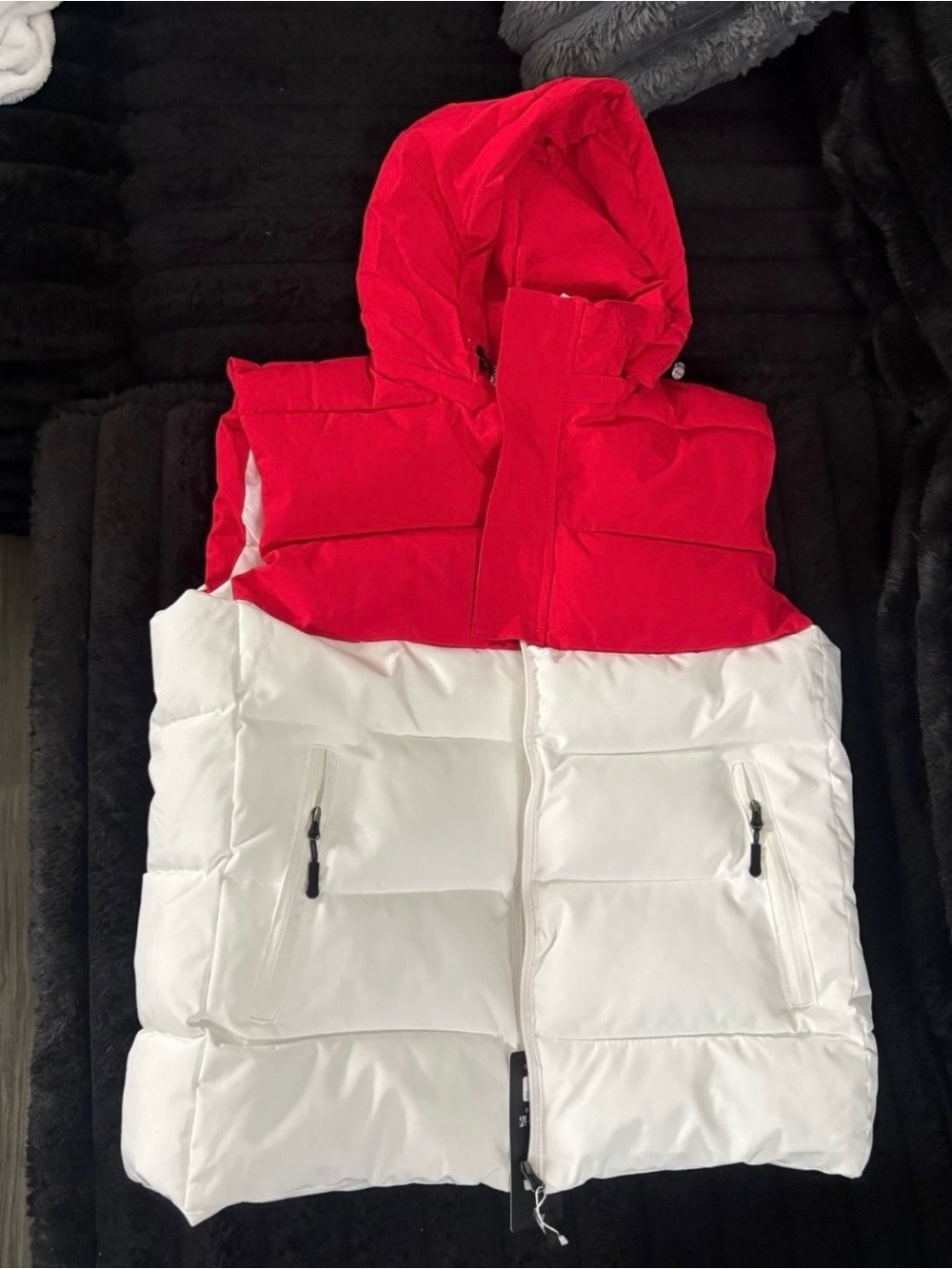 Men’s  Red and White Puffer Vest with Hood
